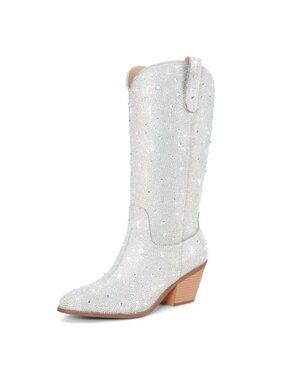 Rhinestone & PU Leather Mid Calf Western Cowboy Boots Pointed Toe Chunky Heel